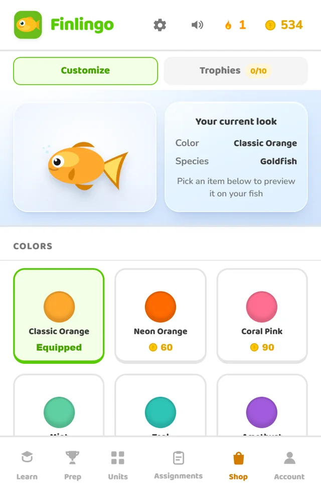 The Finlingo shop: spending coins on fish colors, with Classic Orange equipped