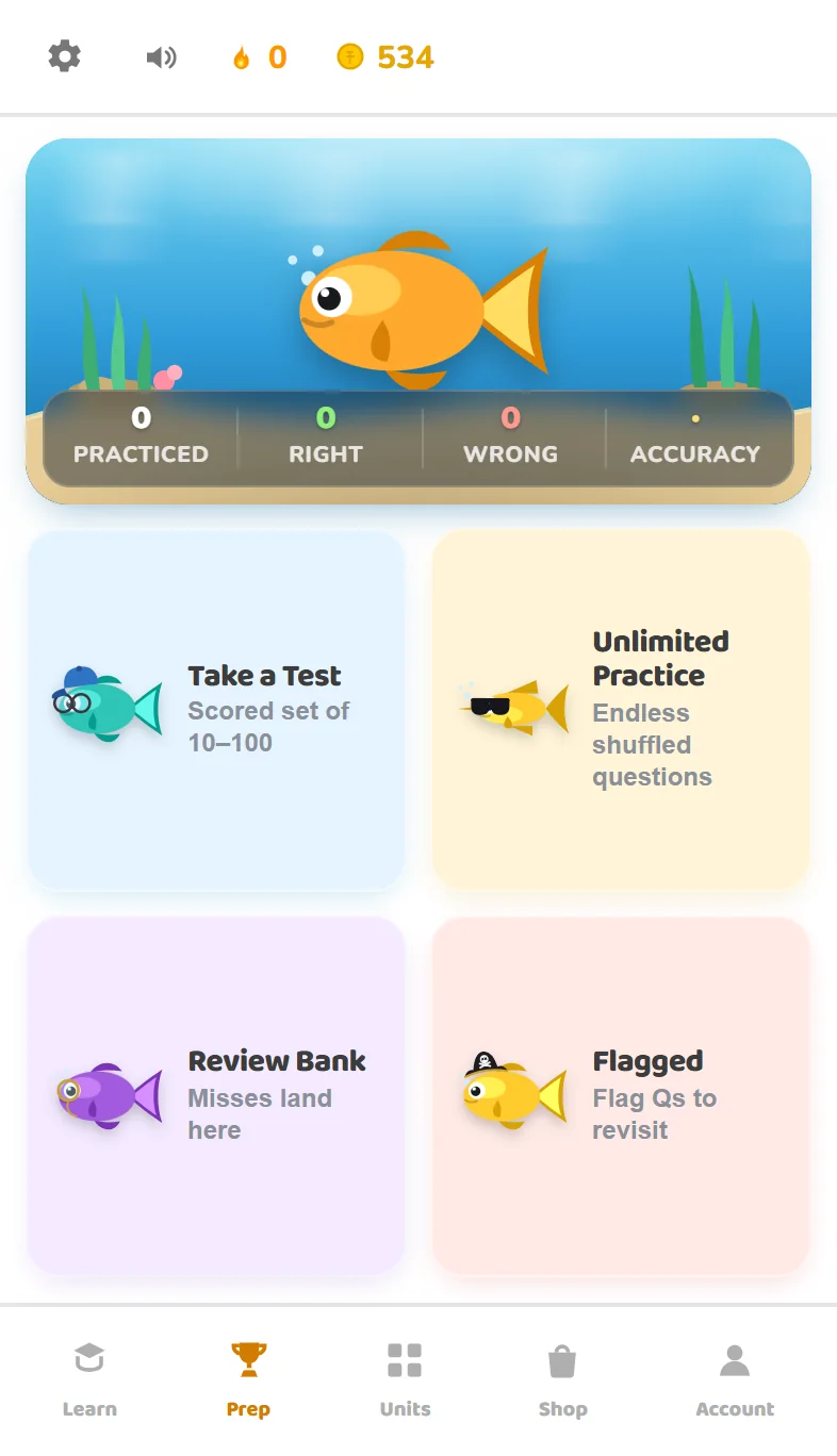 Competition prep in the Finlingo app: take a test, unlimited practice, a review bank and flagged questions