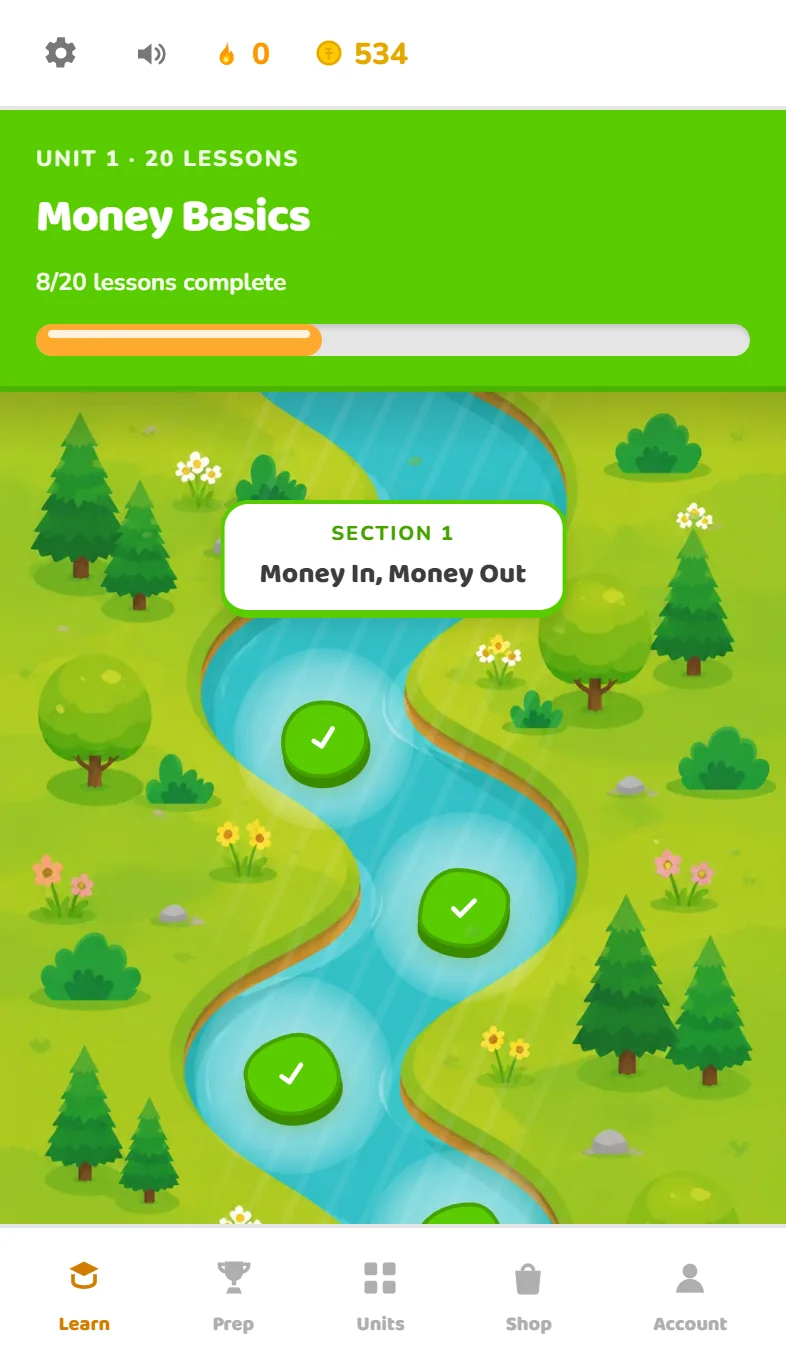 The Finlingo lesson path: a river through a meadow with lesson stones, the first five completed